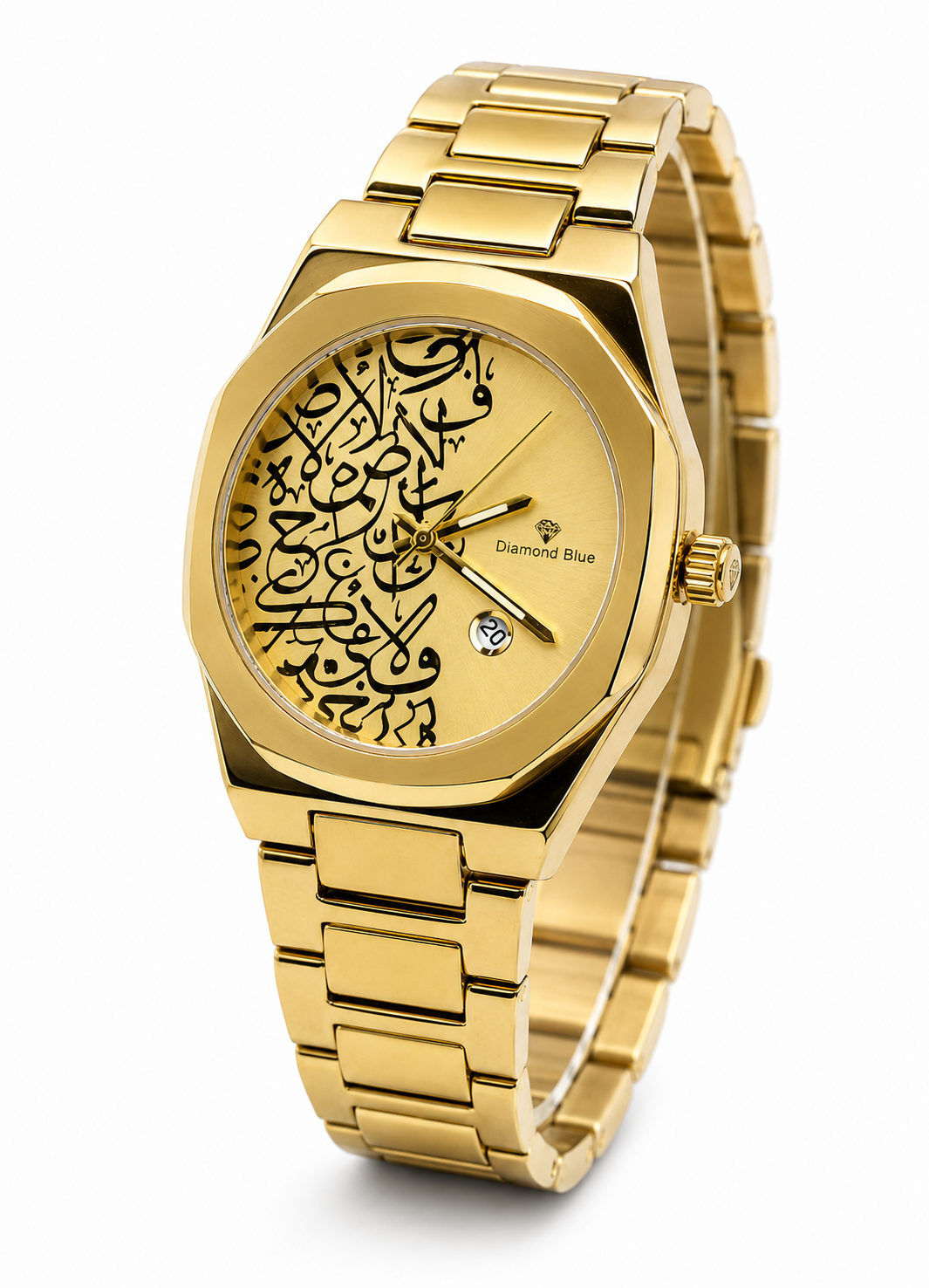 Diamond Blue DB-017 angled gold Arabic calligraphy men's watch with gold-tone bracelet and date display.