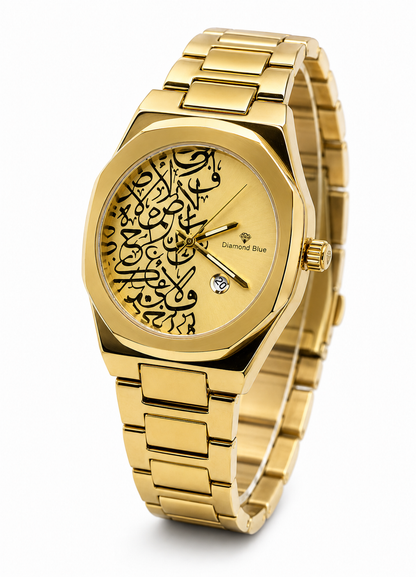 Diamond Blue DB-017 angled gold Arabic calligraphy men's watch with gold-tone bracelet and date display.