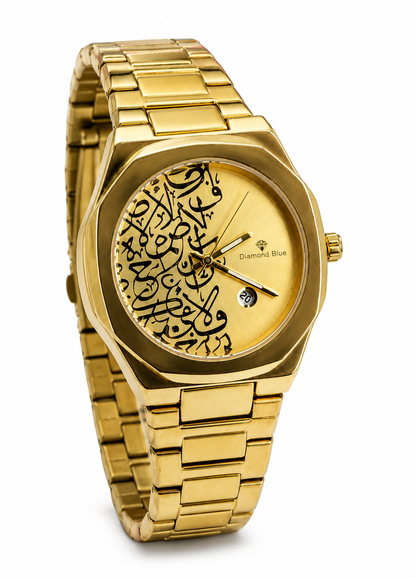 Diamond Blue DB-017 gold Arabic calligraphy luxury men's watch shown from an angled side view.