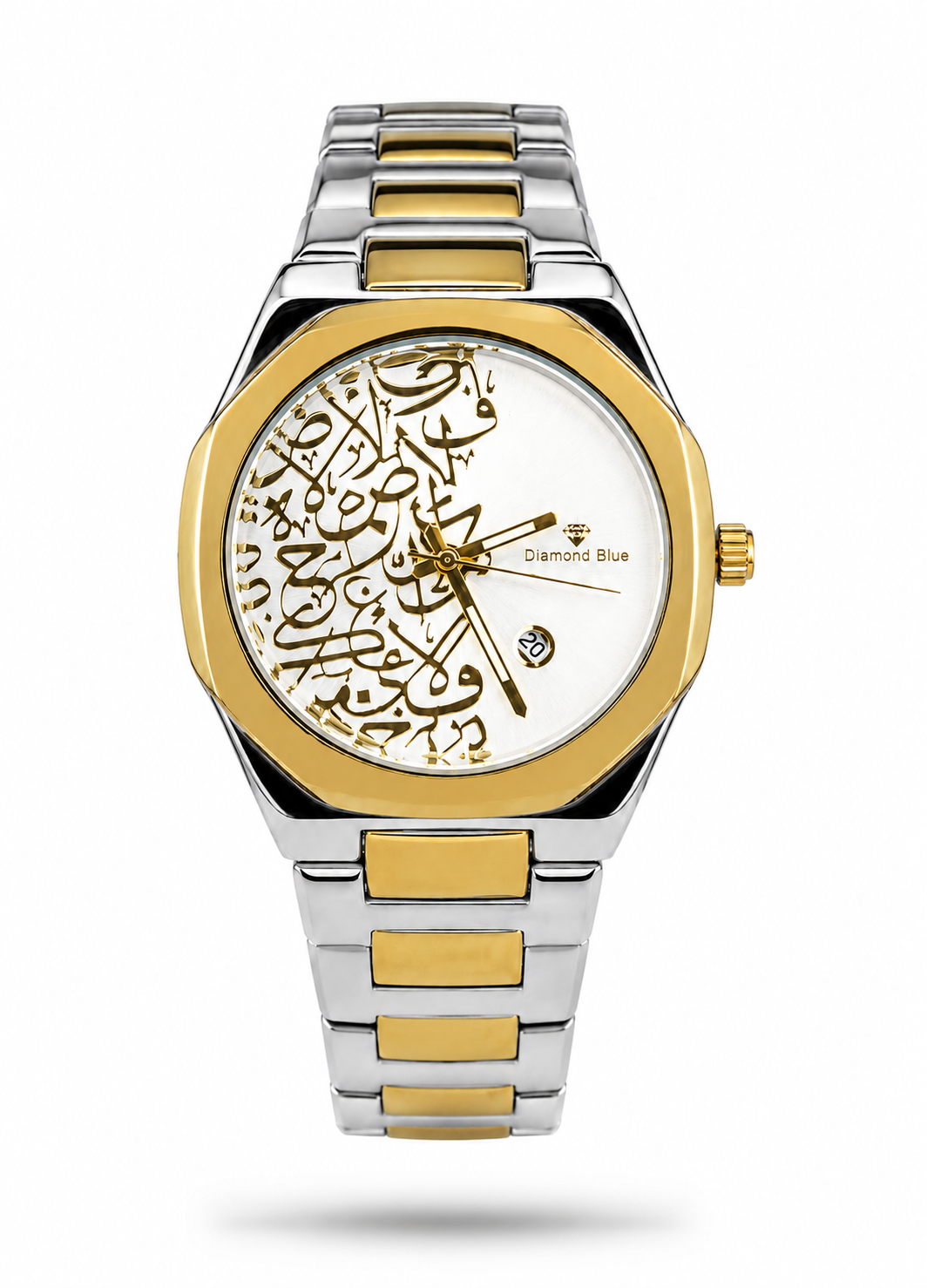 Diamond Blue DB-018 two-tone luxury men's watch with gold Arabic calligraphy dial and integrated bracelet.