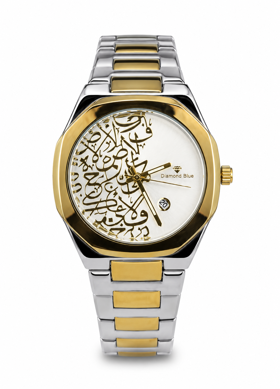 Diamond Blue DB-018 two-tone men's watch with gold Arabic calligraphy dial and stainless steel bracelet.
