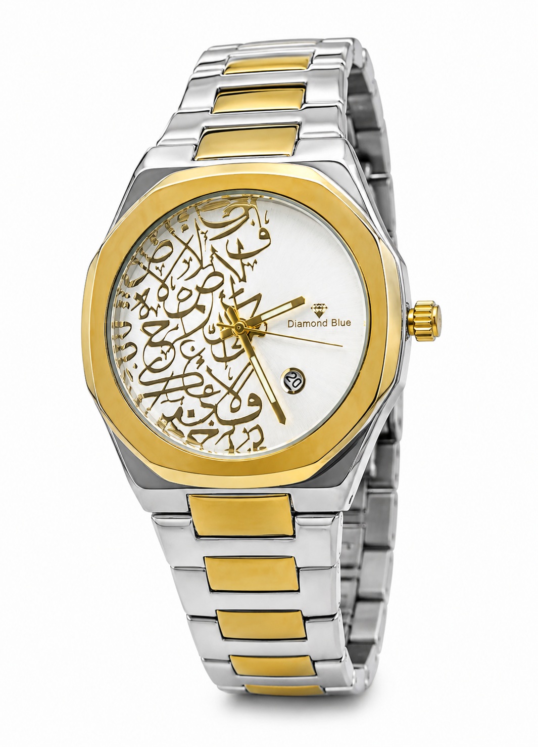 Diamond Blue DB-018 two-tone gold and silver Arabic calligraphy luxury men's watch from side angle.