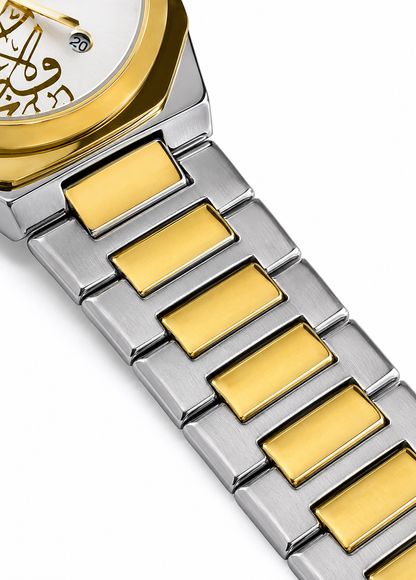 Close-up of Diamond Blue DB-018 two-tone stainless steel bracelet with gold center links.