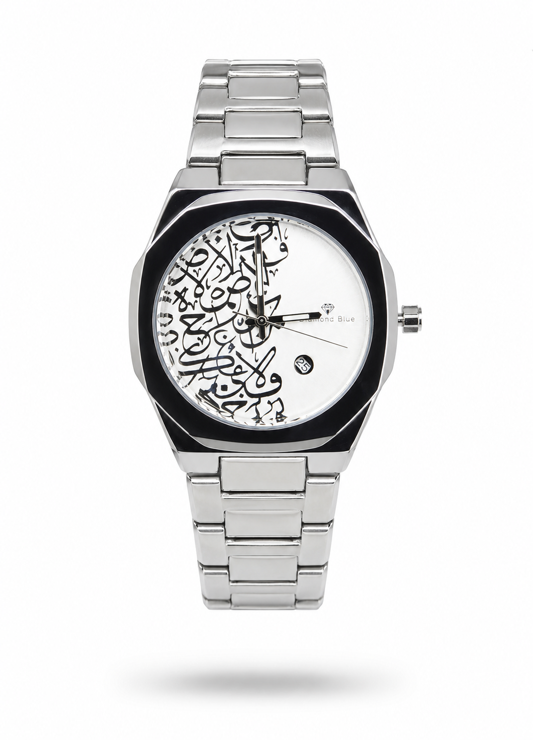 Diamond Blue DB-019 luxury silver Arabic calligraphy watch for men with black bezel and date display.