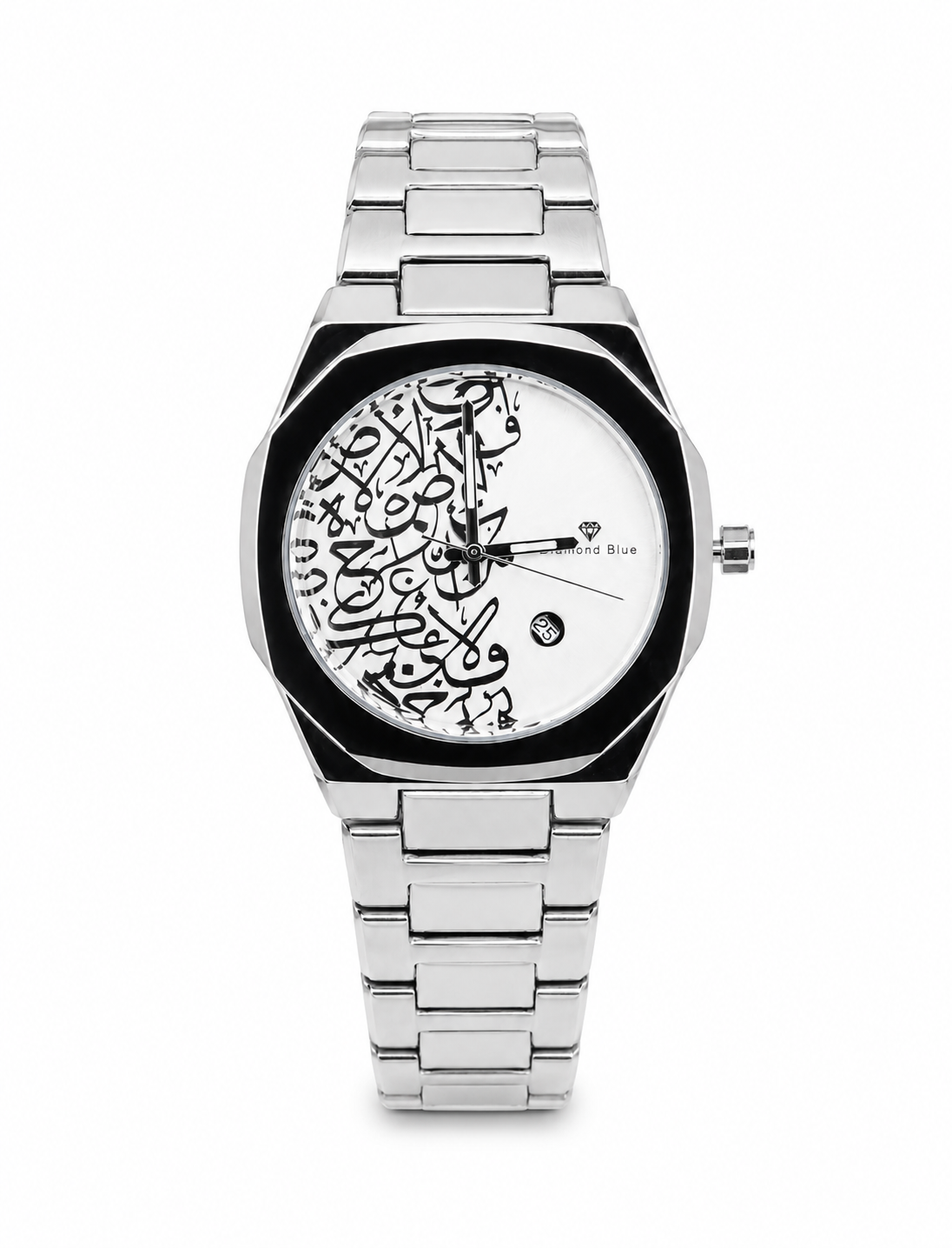 Diamond Blue DB-019 silver men's watch with black Arabic calligraphy dial and stainless steel bracelet.