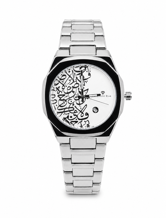 Diamond Blue DB-019 silver men's watch with black Arabic calligraphy dial and stainless steel bracelet.