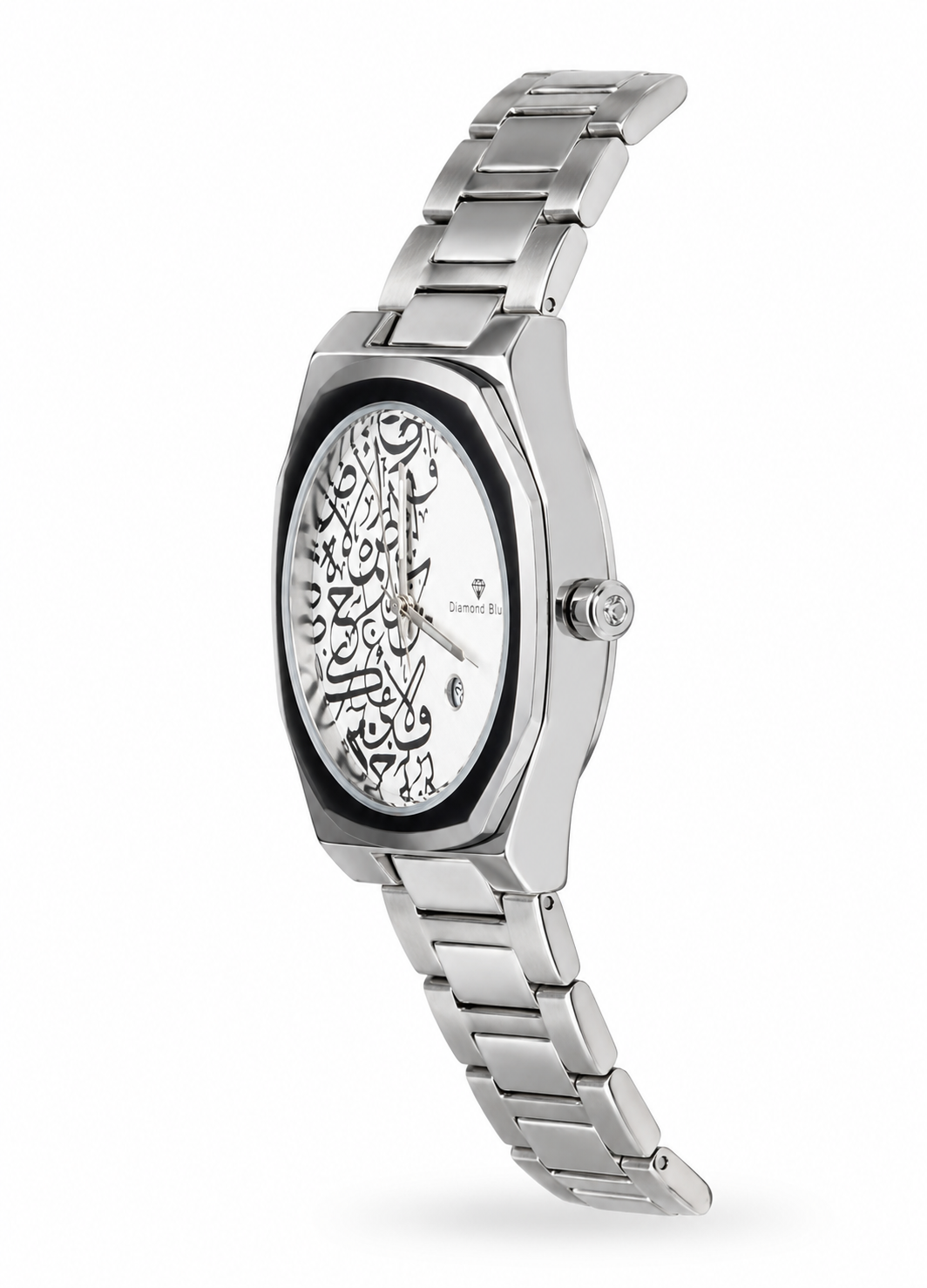 Diamond Blue DB-019 silver Arabic calligraphy men's watch shown from an angled side view.