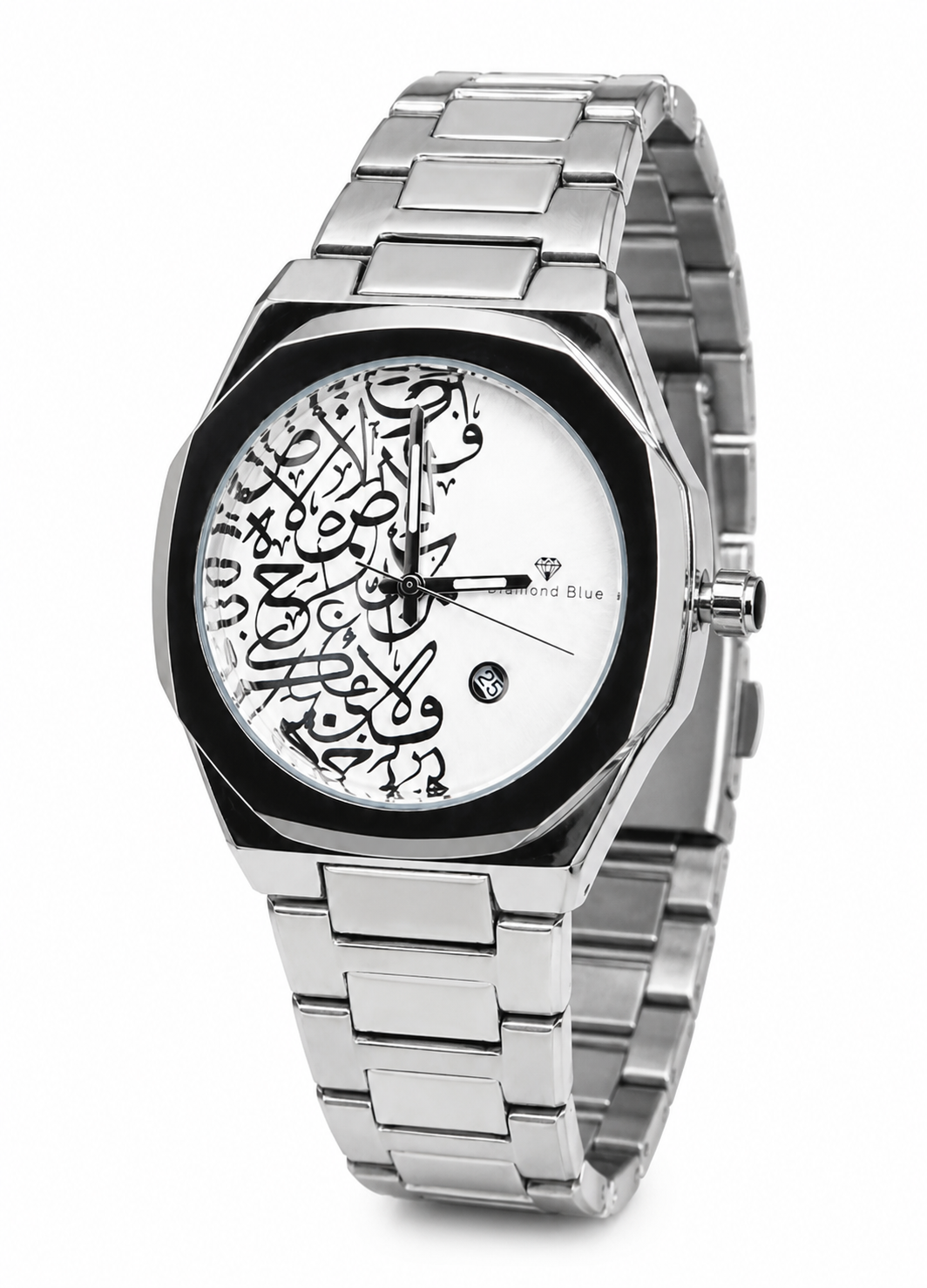 Diamond Blue DB-019 three-quarter view silver stainless steel Arabic calligraphy watch with black bezel.