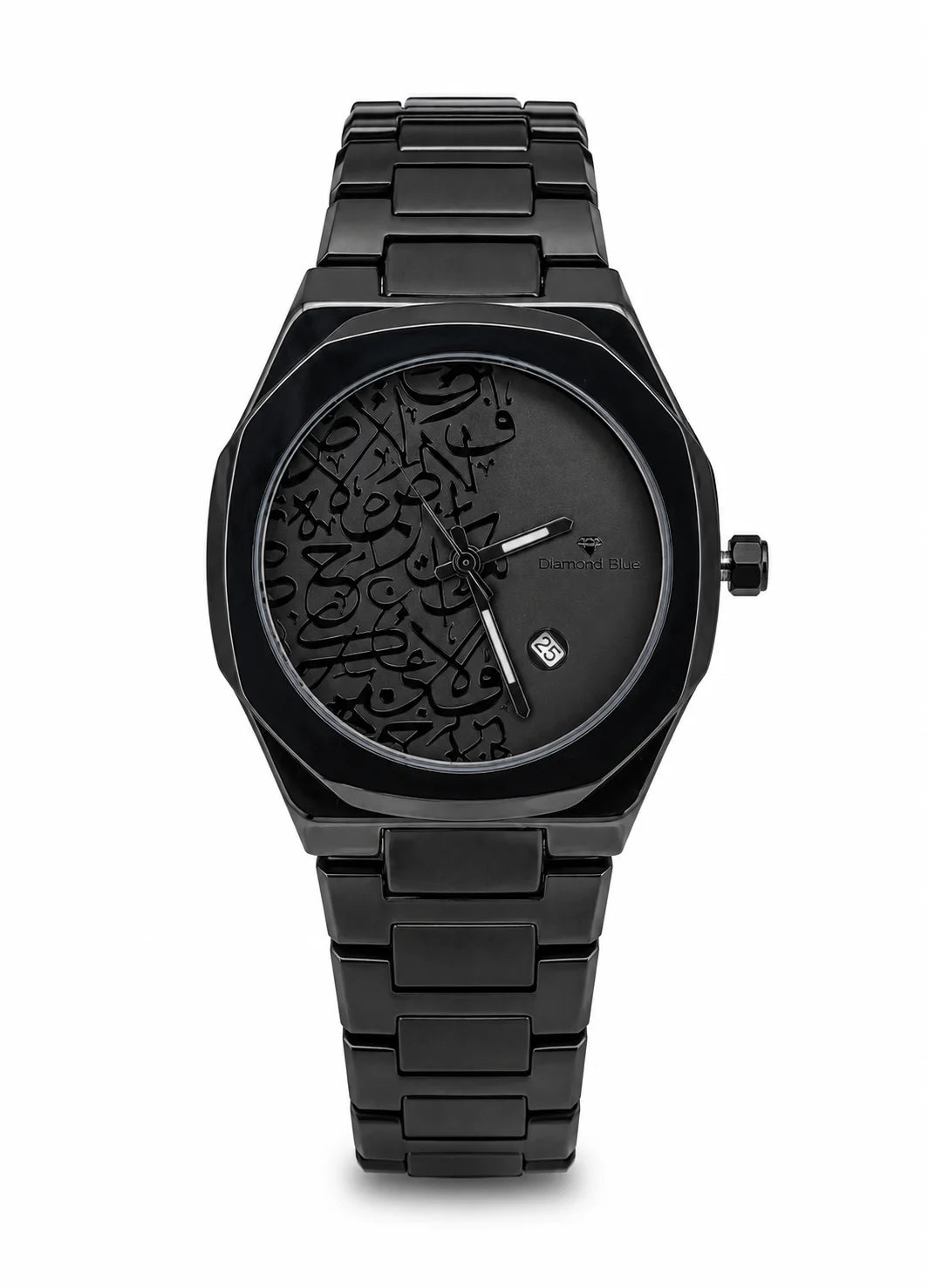 Diamond Blue DB-020 all-black Arabic calligraphy men's watch with black stainless steel bracelet and date display.