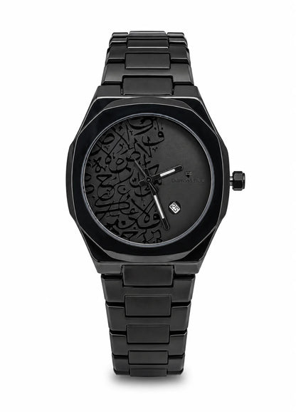 Diamond Blue DB-020 all-black Arabic calligraphy men's watch with black stainless steel bracelet and date display.