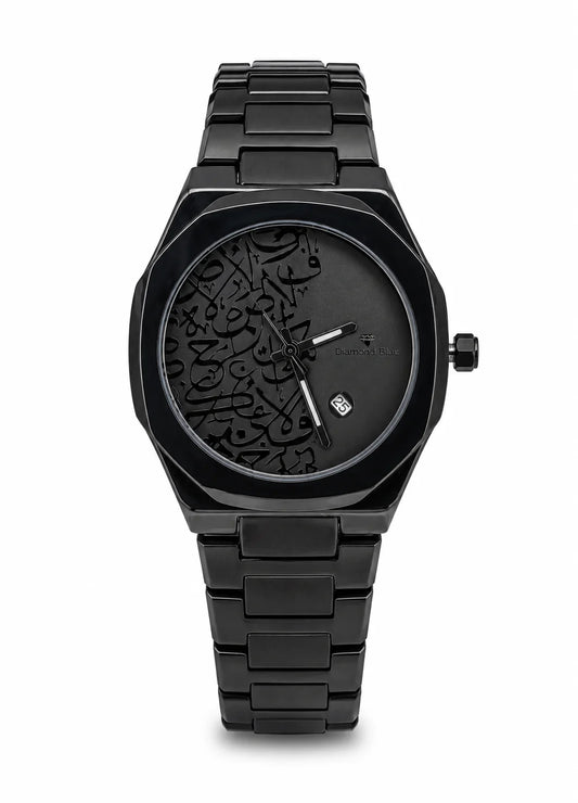 Diamond Blue DB-020 all-black Arabic calligraphy men's watch with black stainless steel bracelet and date display.