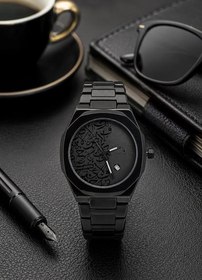 Diamond Blue DB-020 all-black men's watch with black Arabic calligraphy dial styled on a premium executive desk.
