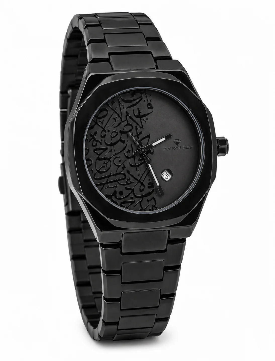 Diamond Blue DB-020 angled all-black Arabic calligraphy luxury men's watch with integrated stainless steel bracelet.
