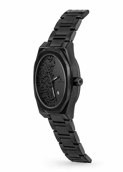 Diamond Blue DB-020 all-black Arabic calligraphy men's watch showing angular case profile and black crown.