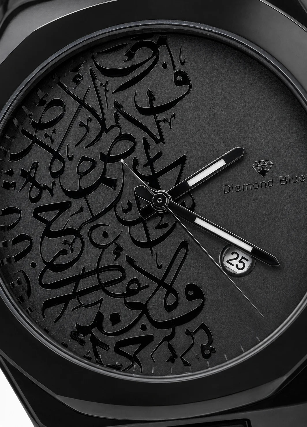 Close-up of Diamond Blue DB-020 black dial featuring detailed Arabic calligraphy, Diamond Blue logo and date display.