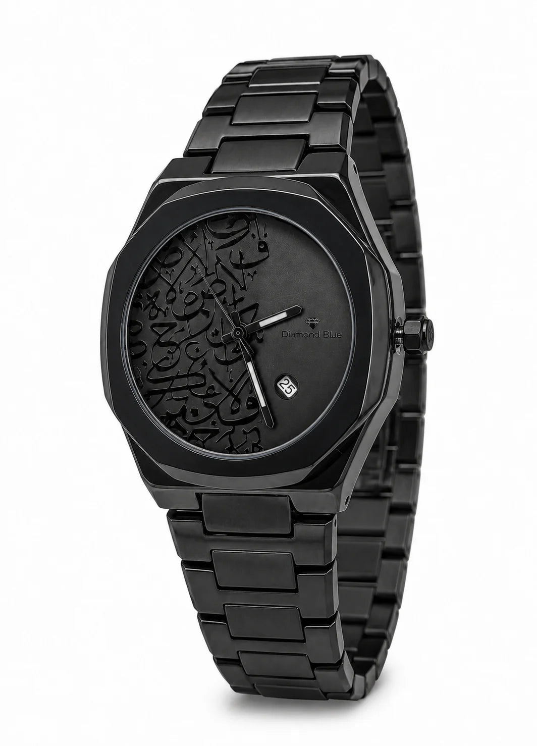 Diamond Blue DB-020 all-black Arabic calligraphy luxury men's watch from angled side view with black crown.