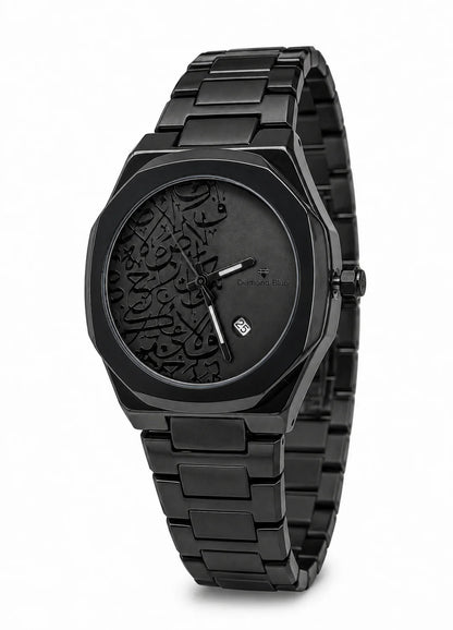 Diamond Blue DB-020 all-black Arabic calligraphy luxury men's watch from angled side view with black crown.