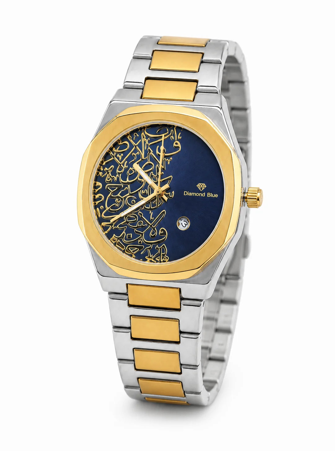 Diamond Blue DB-021 angled two-tone gold and silver Arabic calligraphy men's watch with deep blue dial.