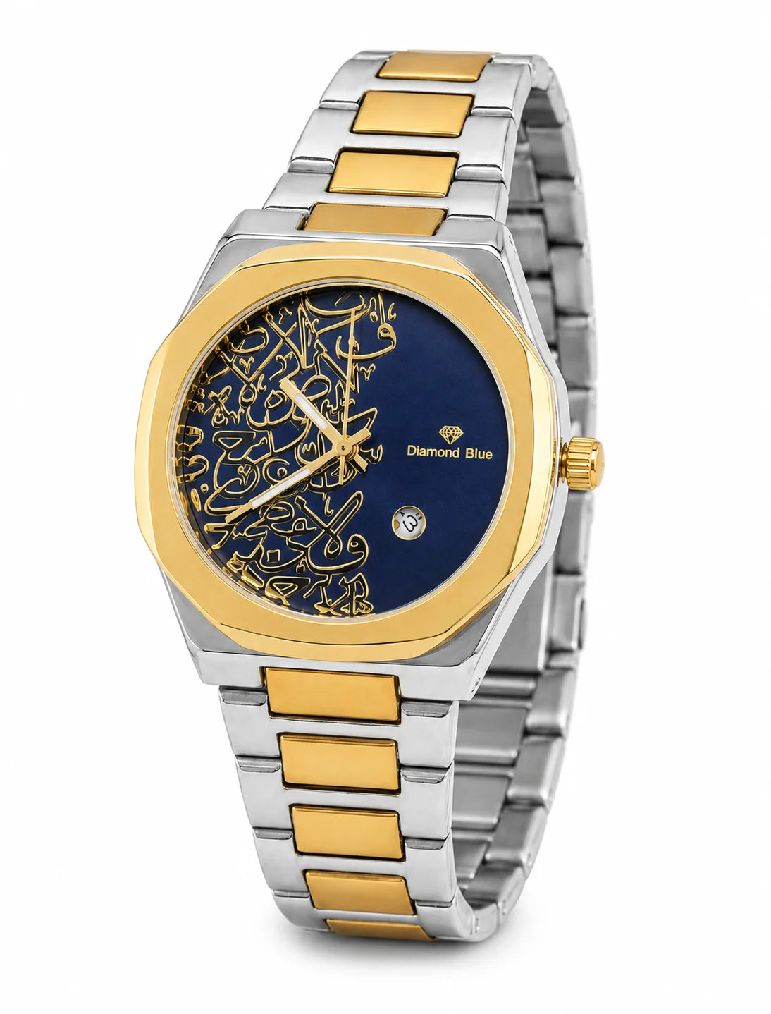 Diamond Blue DB-021 two-tone gold and silver Arabic calligraphy luxury men's watch from angled view.