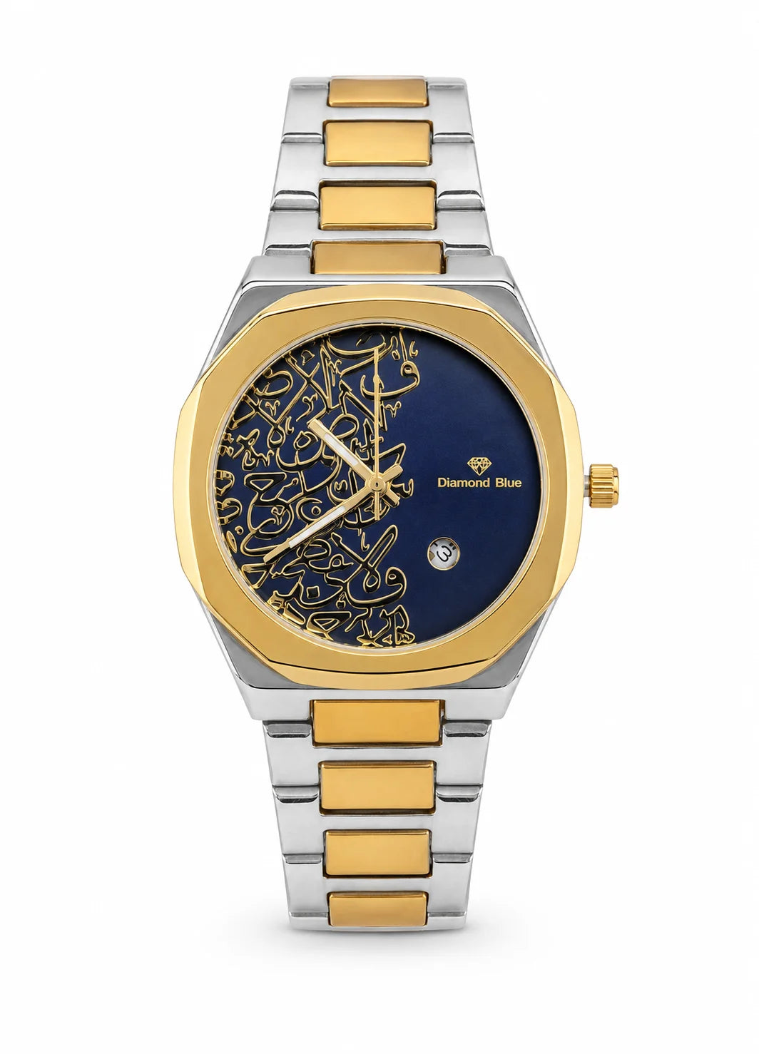 Diamond Blue DB-021 two-tone men's watch with deep blue gold Arabic calligraphy dial and stainless steel bracelet.