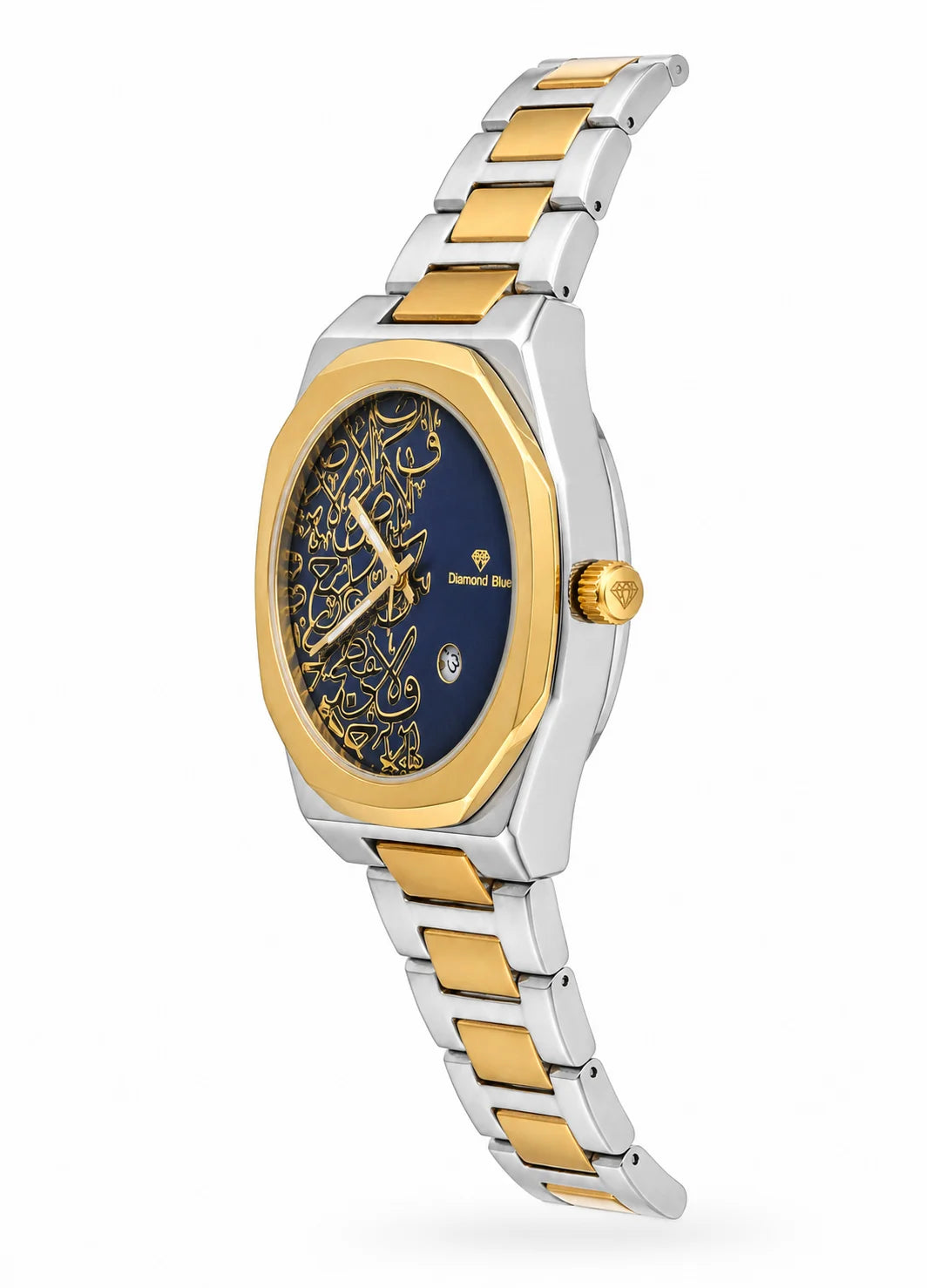Diamond Blue DB-021 two-tone Arabic calligraphy men's watch showing gold bezel, silver case profile and gold crown.