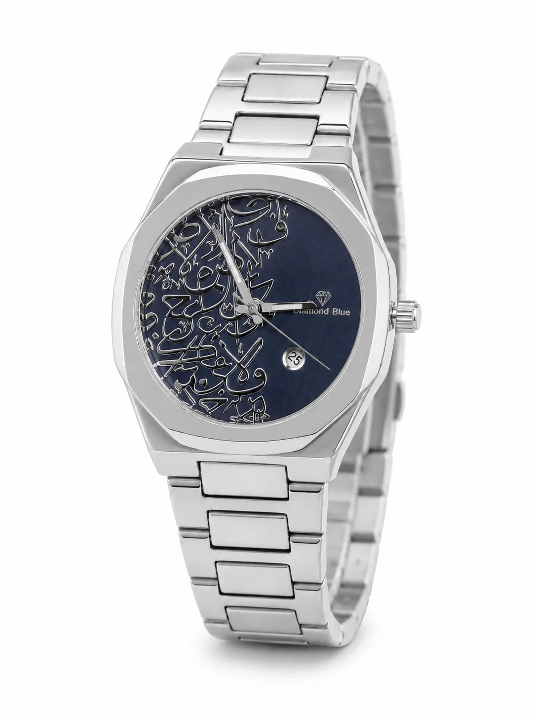 Diamond Blue DB-022 luxury men's watch with deep blue Arabic calligraphy dial and silver stainless steel bracelet from a three-quarter angle.