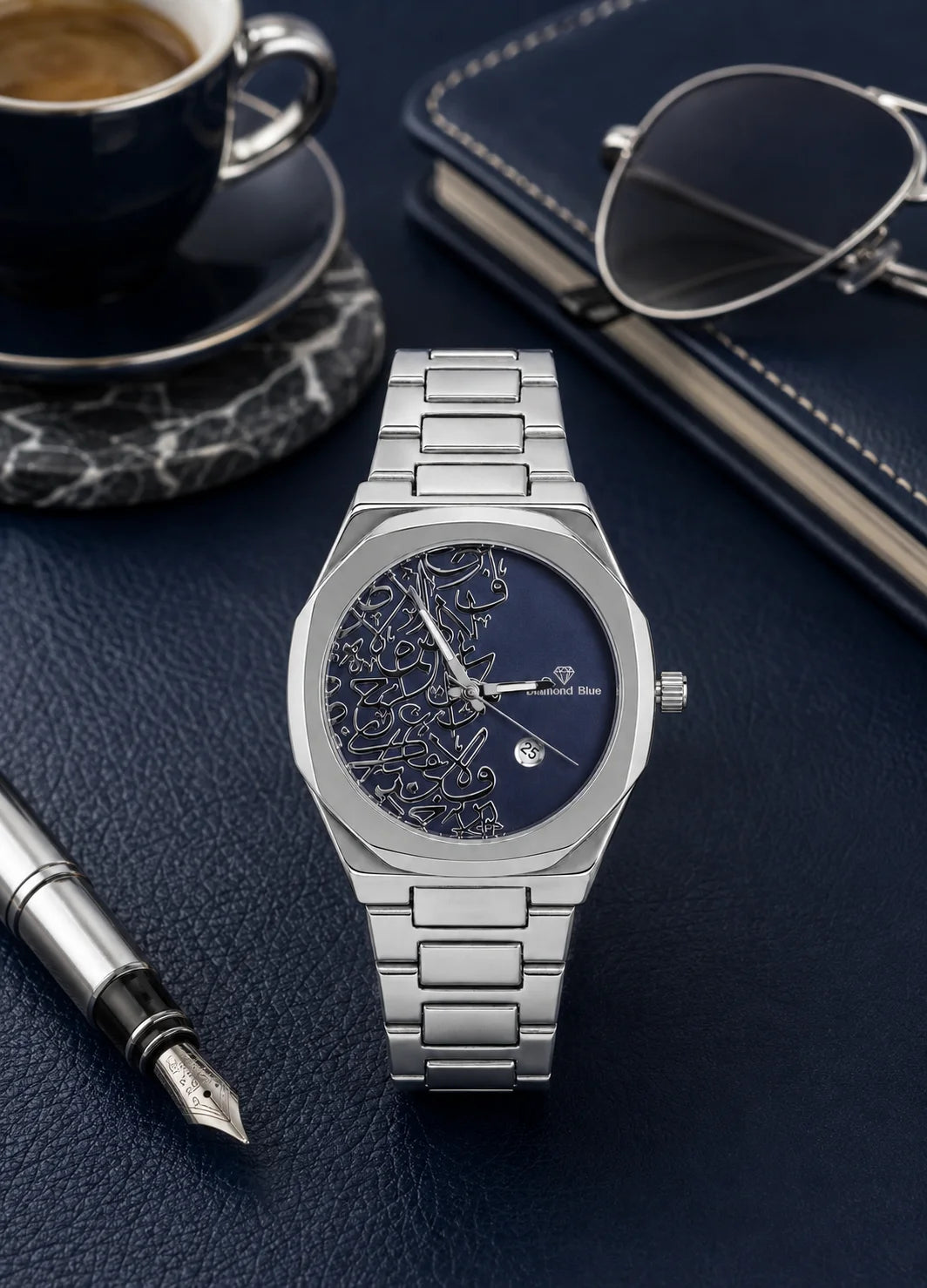 Diamond Blue DB-022 blue Arabic calligraphy men's watch styled on a premium executive desk.