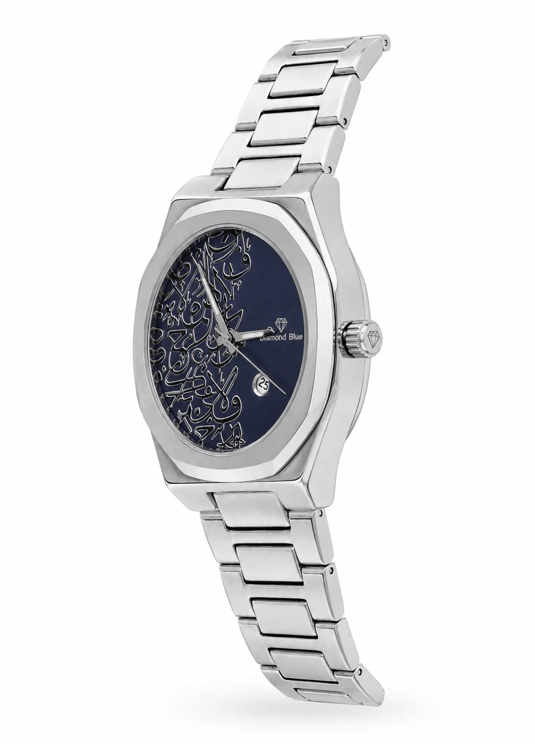 Diamond Blue DB-022 silver Arabic calligraphy men's watch showing the angular case, crown and integrated bracelet.