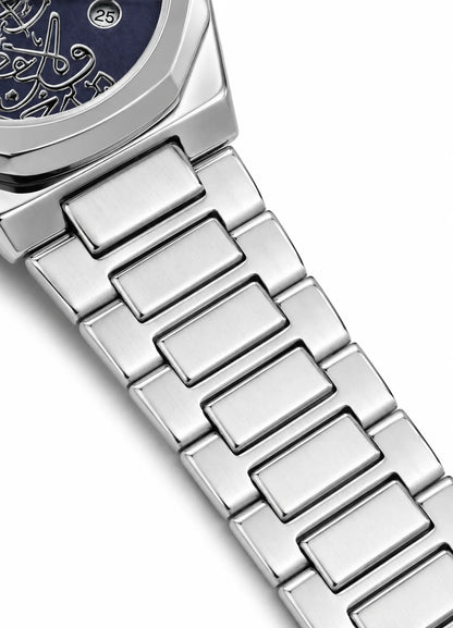 Close-up of the Diamond Blue DB-022 silver stainless steel bracelet with integrated rectangular links.