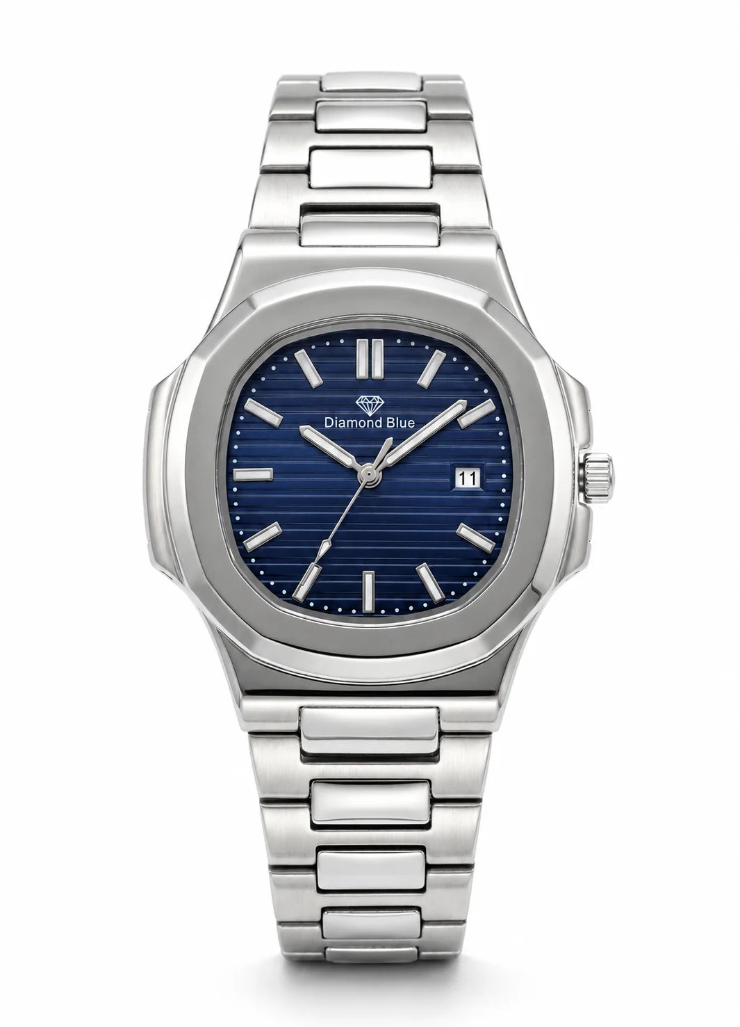 Diamond Blue DB-001 executive stainless steel men's watch with textured blue dial front view.