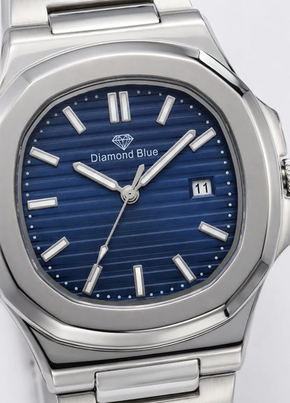 Diamond Blue DB-001 executive stainless steel men's watch with textured blue dial in hero shot.