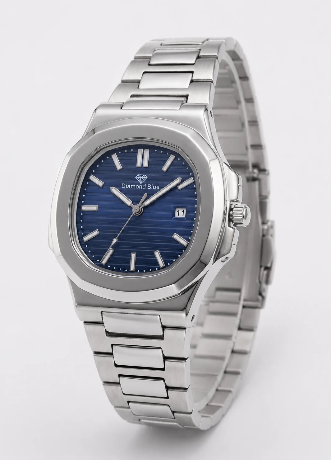 Left angle view of Diamond Blue DB-001 executive stainless steel men's watch with textured blue dial.