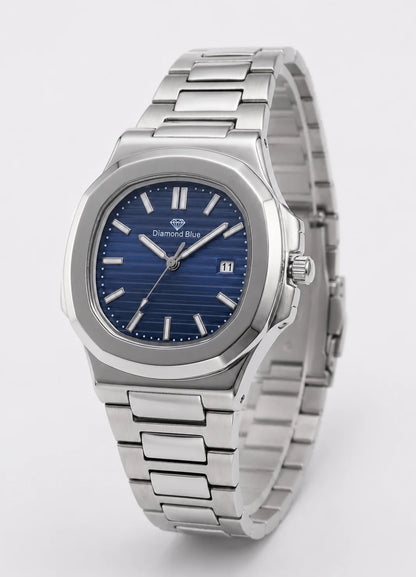 Left angle view of Diamond Blue DB-001 executive stainless steel men's watch with textured blue dial.