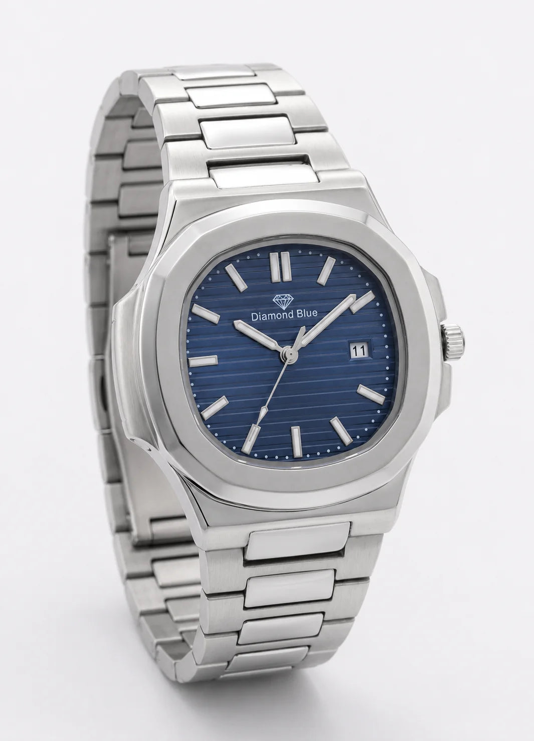 Three-quarter view of Diamond Blue DB-001 luxury stainless steel watch with blue textured dial.