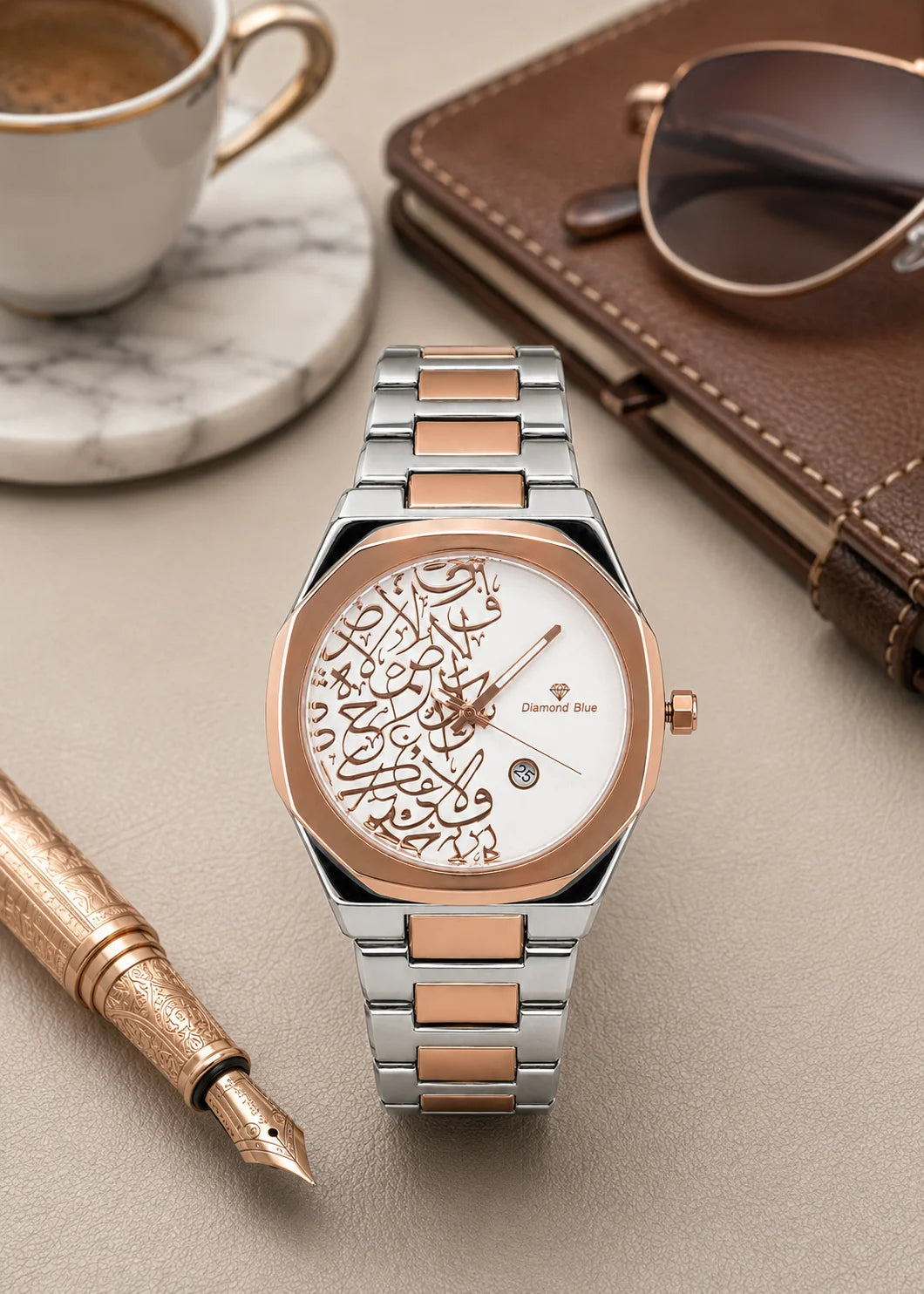 Diamond Blue DB-023 Arabic white dial two-tone luxury watch lifestyle