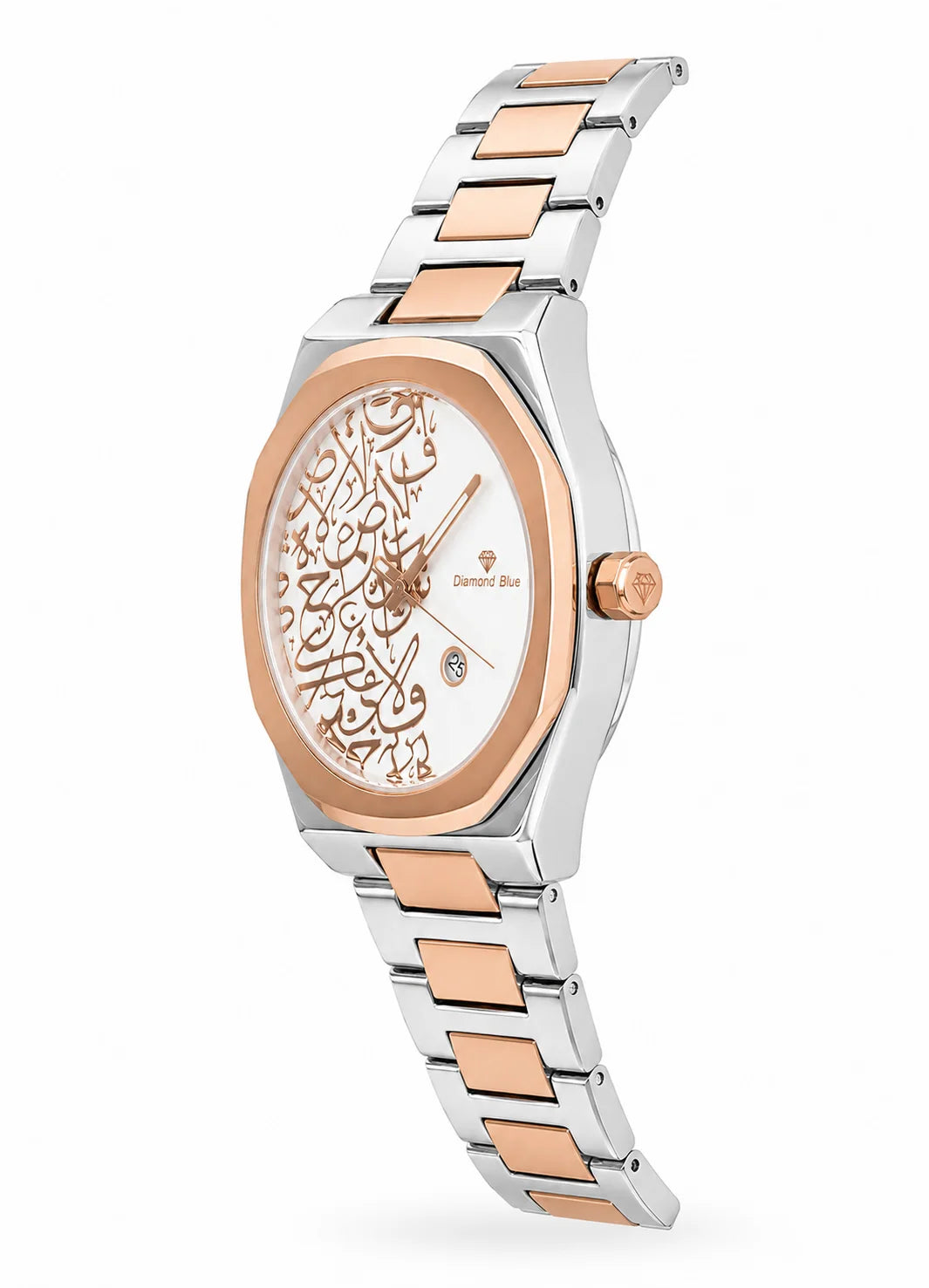 Diamond Blue DB-023 Arabic watch side profile with rose gold bezel