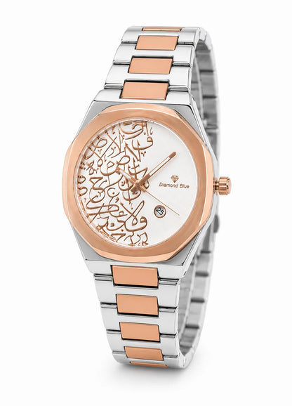 Diamond Blue DB-023 Arabic white dial rose gold two-tone watch angled view