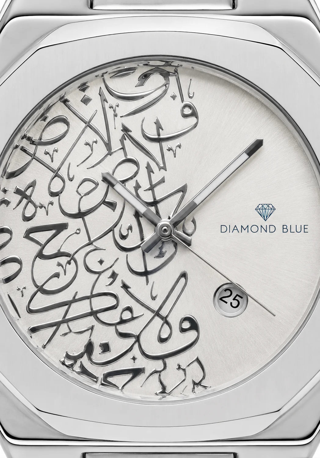 Diamond Blue DB-024 white dial with detailed Arabic calligraphy and date display macro