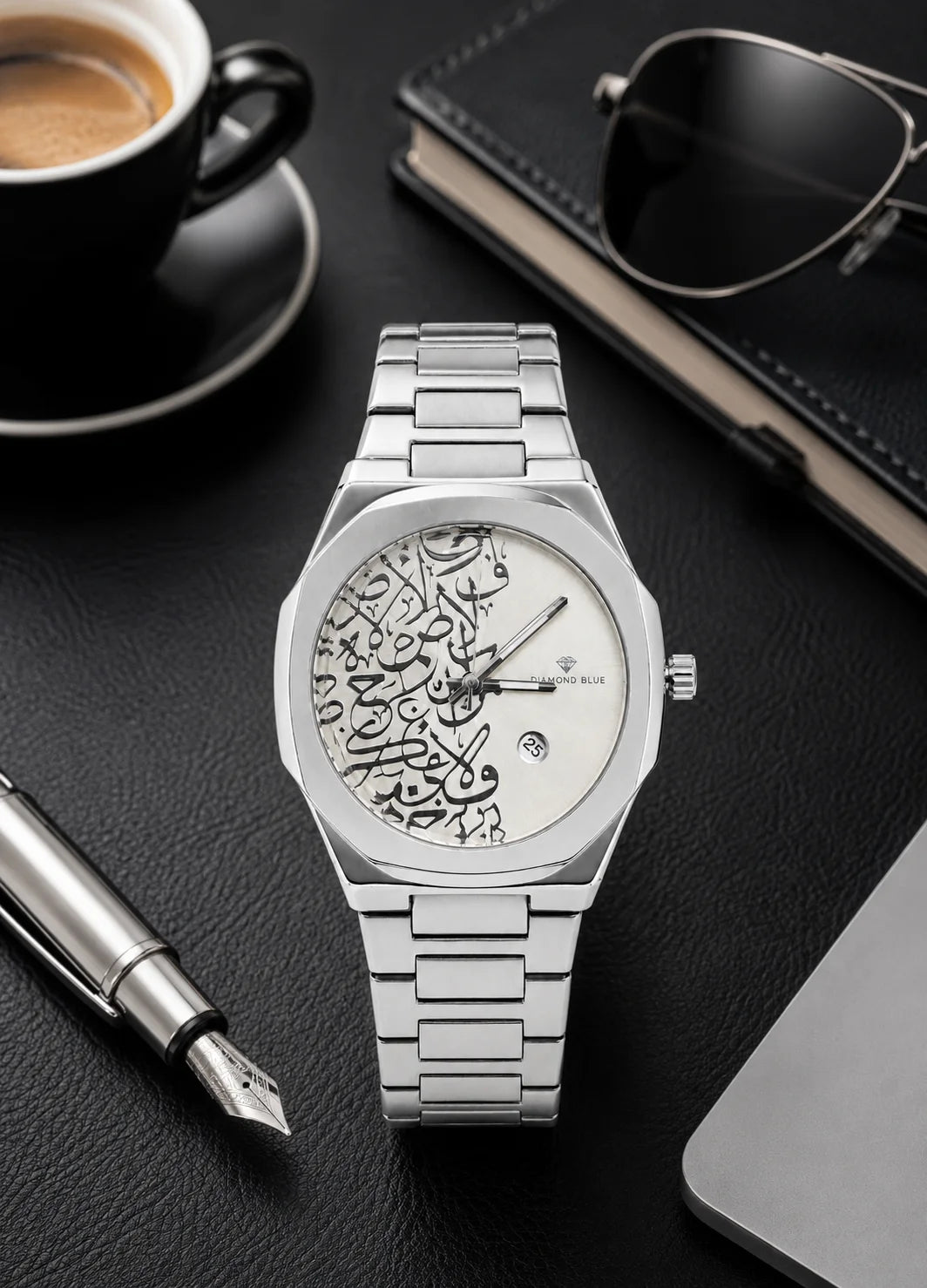 Diamond Blue DB-024 Arabic calligraphy silver watch on executive desk