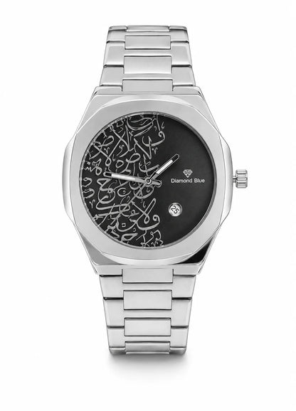 Diamond Blue DB-026 Arabic black dial silver luxury watch front view