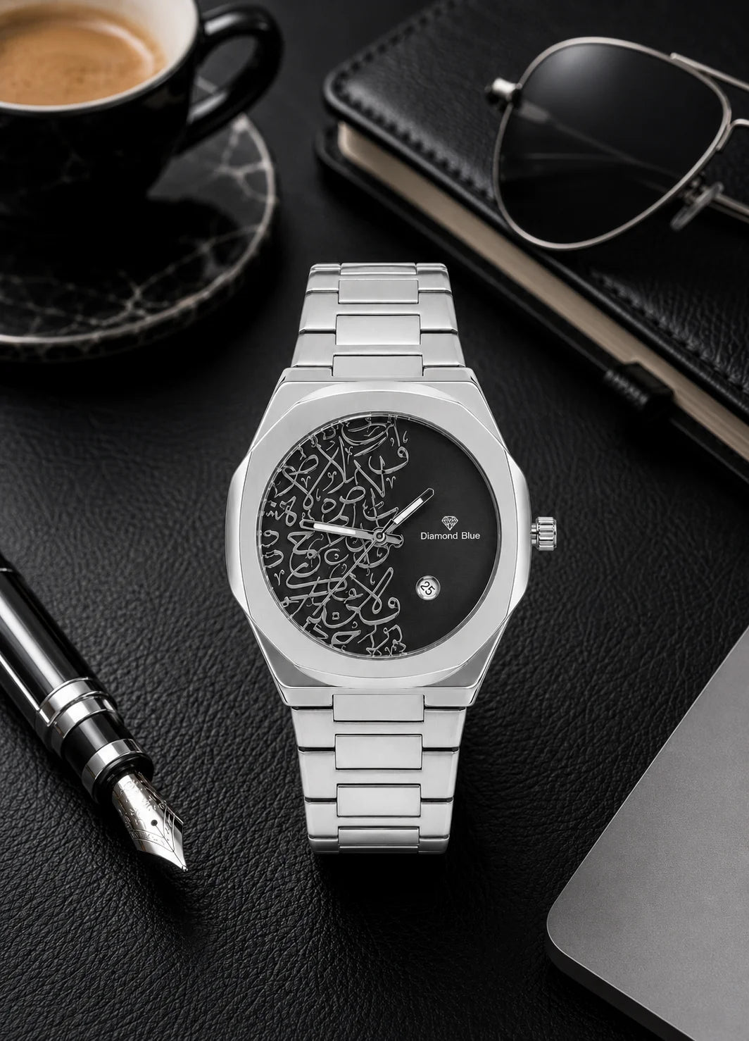 Diamond Blue DB-026 black Arabic dial silver luxury watch lifestyle photography