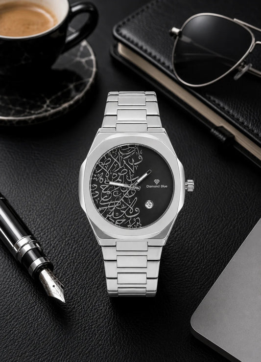 Diamond Blue DB-026 black Arabic dial silver luxury watch lifestyle photography