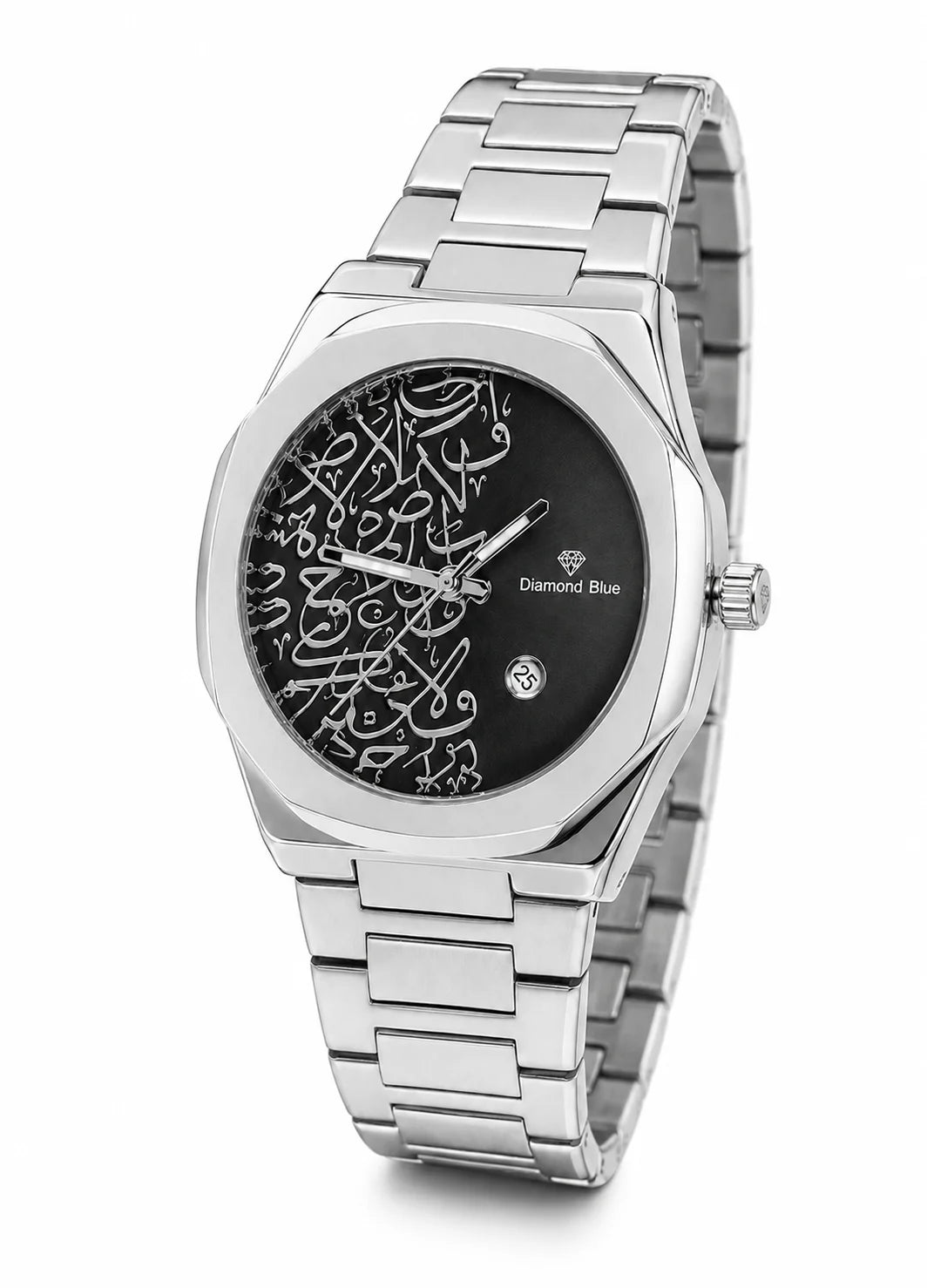 Diamond Blue DB-026 black dial silver luxury watch angled product view